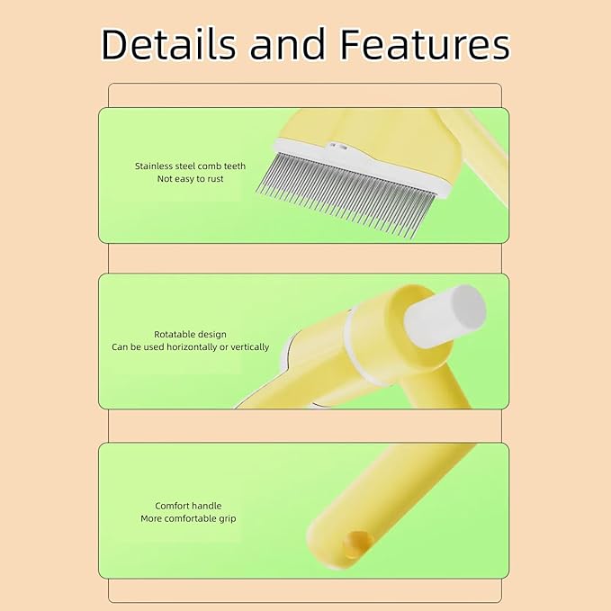 360° Press and Rotate Flea Comb for Cats and Dogs - Self-Cleaning Pet Hair Removal Tool with Release Button & Long-Short Stainless Steel Teeth for Shedding (Yellow)