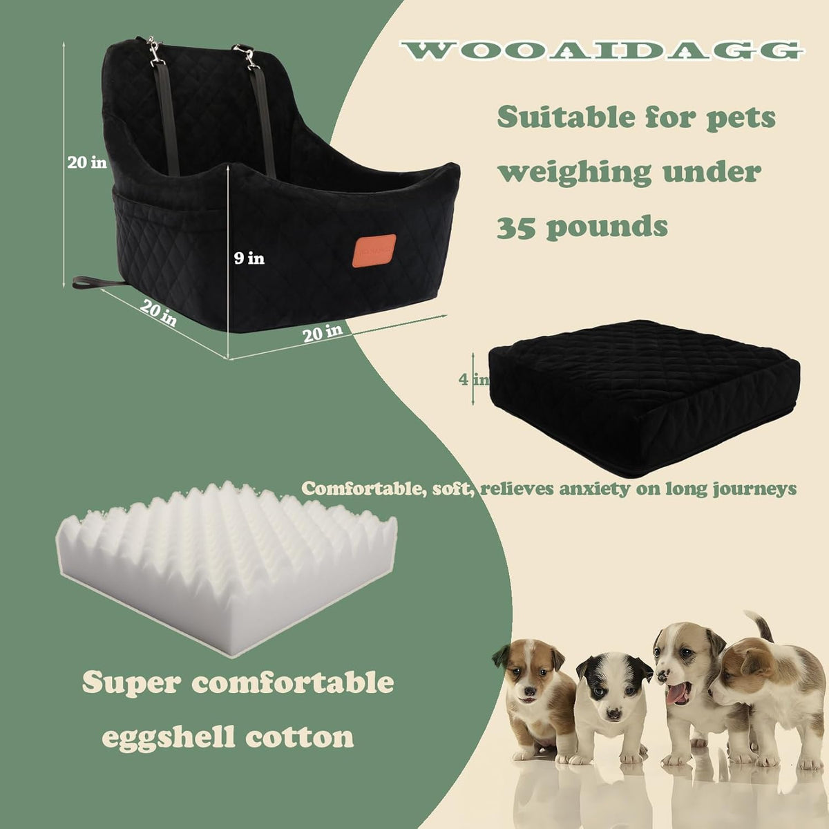 Dog Car Seat for Medium Sized Dog,Pet Travel Car Bed with Seat Belt Channle,Fully Detachable and Washable Car Dog Seat with Adjustable Straps,3 Straps Easy to Install (Black)