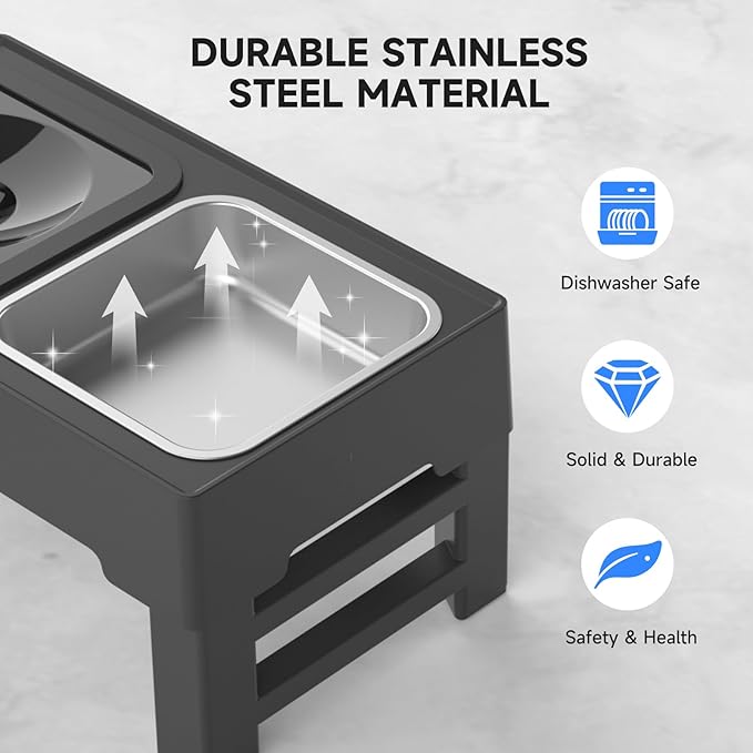 ELS PET Elevated Dog Bowls, Adjustable Raised Dog Bowls with No Spill Dog Water Bowl and Stainless Steel/Slow Feeder, for Small Medium Large Dogs,Cats & Pets (Stainless Steel)