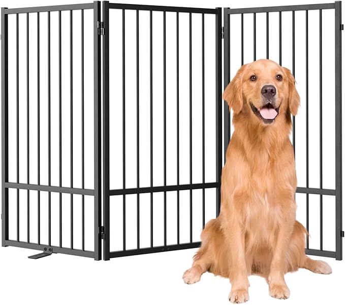 Full Metal Freestanding Dog Gate with Door, 36''Height Foldable Pet Dog Fence for Indoor & Outdoor, 3 Panels Extra Wide Free Standing TallDog Gates for Doorways,House,Stairs,Porch,Deck,Yard