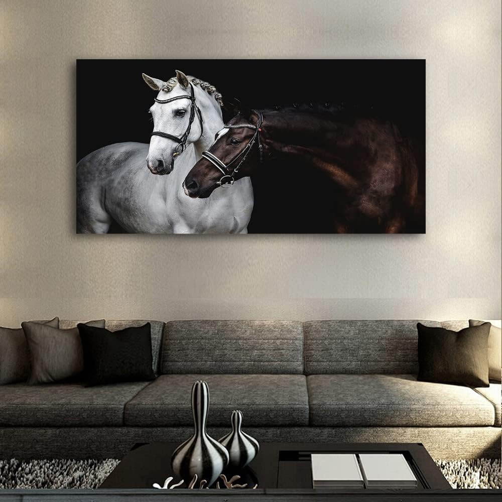 Jiuqinghua Wall Art Canvas Print Picture White and Brown Horses 1 Panel Wild Animal Painting Artwork for Living Room Bedroom Office Home Wall Decor Stretched and Framed Ready to Hang 30x60inches