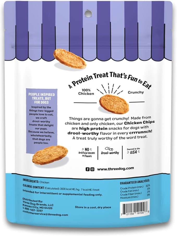 Three Dog Bakery Bark’N Crunch! Chicken Chips, Crunchy Treats for Dogs, Single Ingredient, High Protein Snacks, No Artificial Flavors or Colors, Made in The USA, 4oz.
