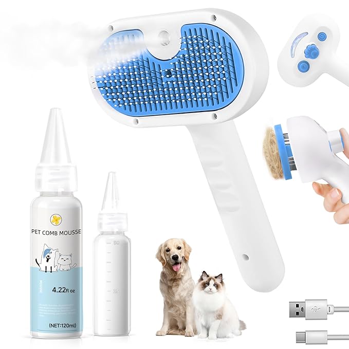 Pet Steam Brush for Dog & Cat - 3-in-1 Steam Grooming Brush for Shedding & Hair Removal - Self Cleaning Spray Comb with Mist for Long Haired Pets - Includes 1*Waterless Shampoo, Blue