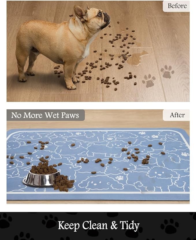 Pet Feeding Mat-Absorbent Dog Mat for Food and Water Bowl-No Stains Quick Dry Water Dispenser Mat-Dog Accessories Pet Supplies-Bowl for Messy Drinkers（BLUEDOGS,12"x19"
