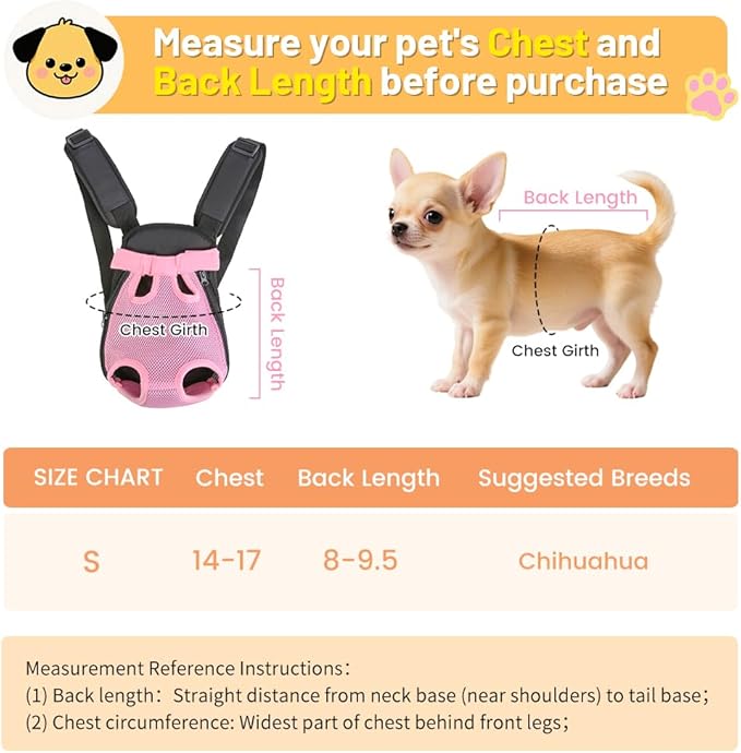 Inspack Dog Backpack Carrier/Cat Carrier, Adjustable Pet Front Carriers Travel Bag for Puppy Medium Dogs, Legs Out, Soft Ventilated Doggie Chest Carry Backpacks for Hiking/Camping, 2.5-4 lbs, Pink