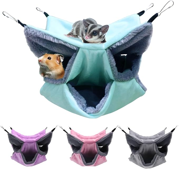 LYART Sugar Glider Pouch Hammock Bed Bedding, Sugar Glider Cage Accessories Toys for Rat, 3-Layer Hammock Make Pet Cages More Three-Dimensional (2.Mint)