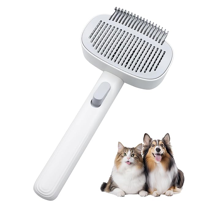 TemApex 2-in-1 Self Cleaning Shedding Brush & Dematting Comb for Long Haired Cats and Dogs, Pet Grooming Deshedding Brush for Dog and Cat Removes Loose Fur & Tangles