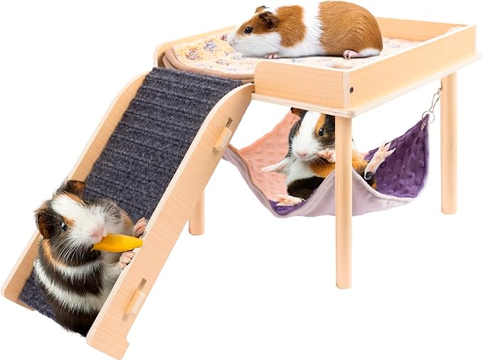 Enlarged Guinea Pig Hammock with Platform and Stairs,Wooden Small Animal Hideout for Guinea Pigs Bunny Ferret Hamster Hiding Sleeping Activities(Single)