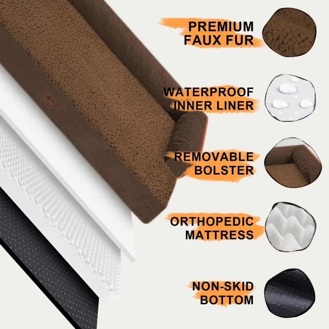 Large Dog Bed Orthopedic Washable - Memory Foam Couch Sofa - XXL Large Big Dogs - Beds Bolster Pet - Waterproof with Removable Cover - Coffee Dog Bed