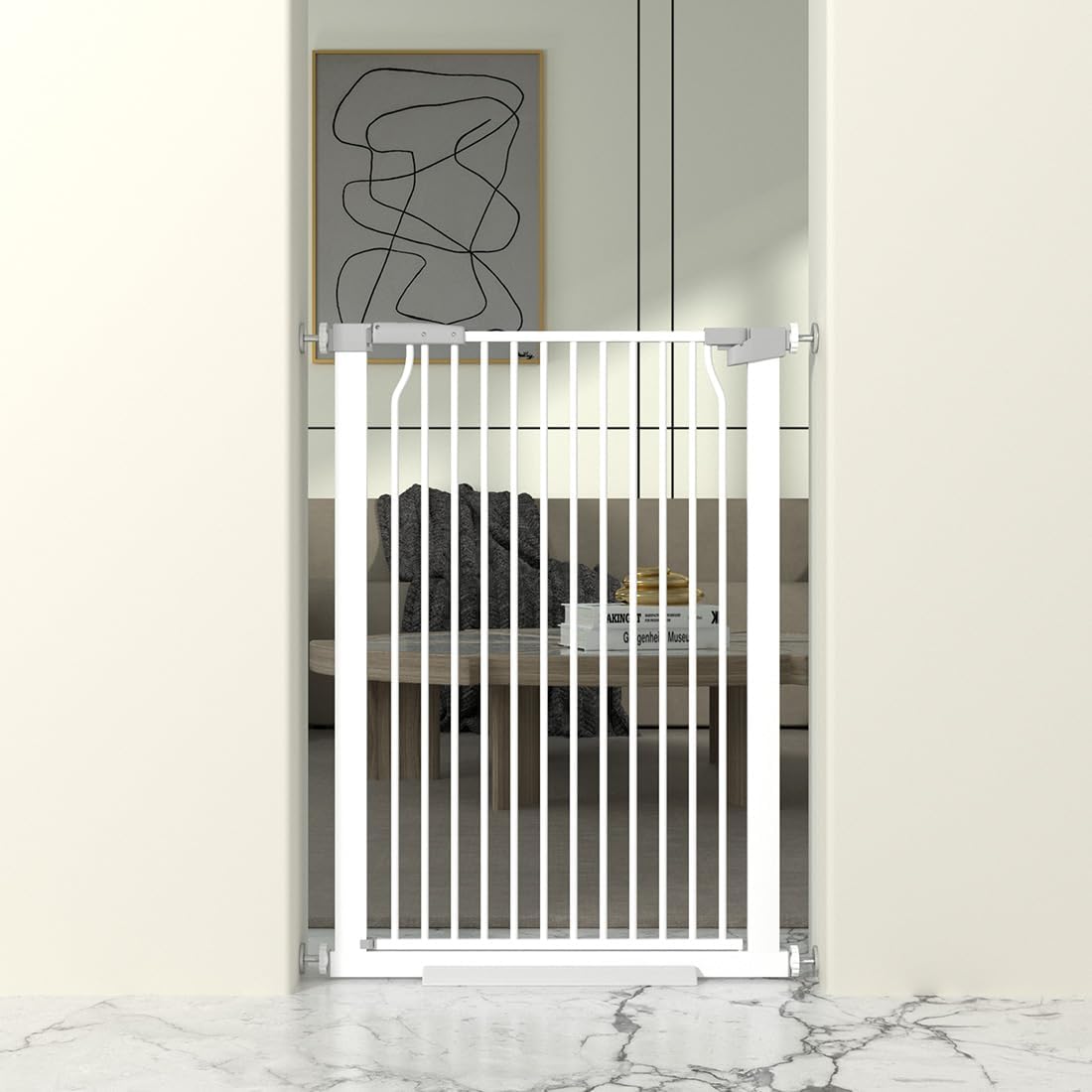 41" Extra Tall Cat Gate for Doorway, 29.6-32.5''W Metal Pet Baby Safe Gate, Extra Wide Pressure Mounted Baby Gate, No Drilling Cat Fence Indoor, Tall Dog Gate, White