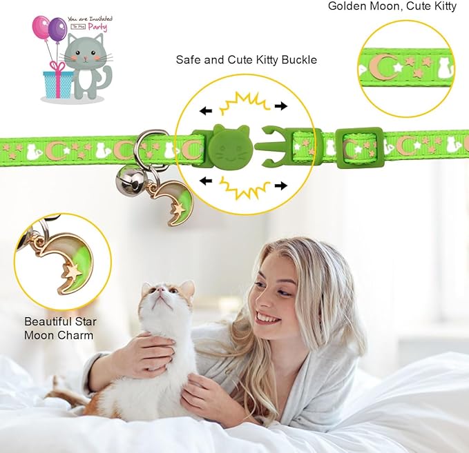 2PCS Breakaway Cat Collars with Bell Cute Kitty Glow in The Dark Adjustable Kitten Collars 6.9-10.7 Inch(Green&Black)