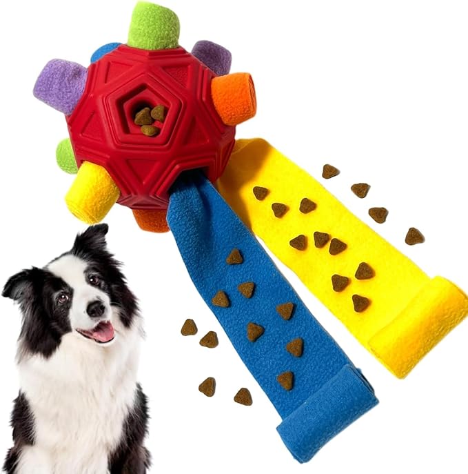 Snuffle Ball for Dog Toys Unbreakable Upgrade Ball Interactive Toy Foraging Snuffle Mat Puppy Treat Dispenser Slow Feeder Dog Puzzle Toys for Small, Medium, Large Pets (Red Rainbow)