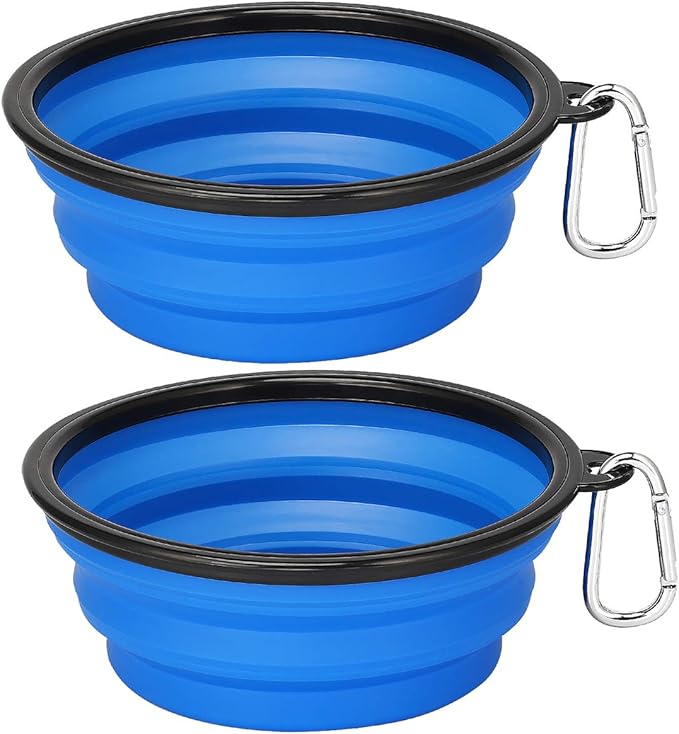 Kytely Large Collapsible Dog Bowls 2 Pack, 34oz Foldable Dog Travel Bowl, Portable Pet Water Food Bowl with Clasp, Pet Cat Feeding Cup Dish for Traveling, Walking, Hiking (Blue+Blue)