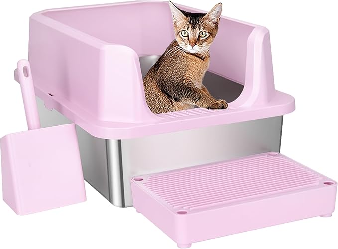 RIZZARI Large Stainless Steel Cat Litter Box: Open Top Leak-Proof Large Cat Pan - Odor Control for Indoor Multi-Cat Homes (Light Pink, 23.8" L*16" W*12" H)
