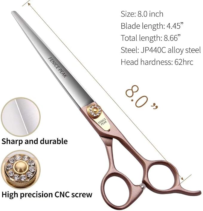 Fenice Peak 8'' Dog Straight Scissors for Grooming 440C Stainless Steel Rose Gold Professional Pet Trimming Scissors Sharp Blades Cutting for Dogs and Cats Shears