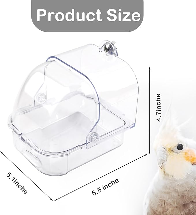 Bird Bath for Cage Transparent Bird Bathtub Hanging Portable Shower Pool No-Leakage with Stainless Steel Hooks for Small Birds Parakeet Canary Budgerigar Parrot Crested