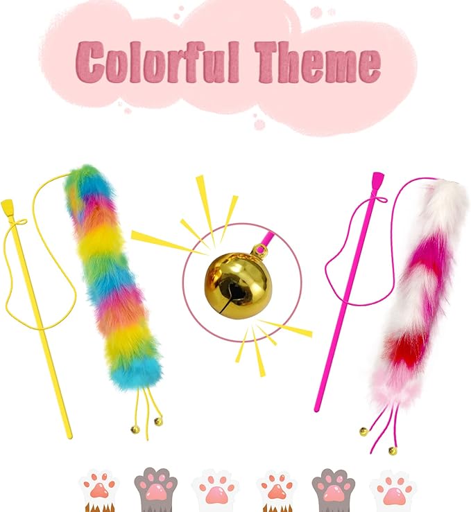 2 Pack Cat Wand Toy, Rainbow Cat Feather Toys with Bells, Teaser Wand with Soft Furry Tail, Interactive Toys for Indoor Cats & Kitten & Kitty
