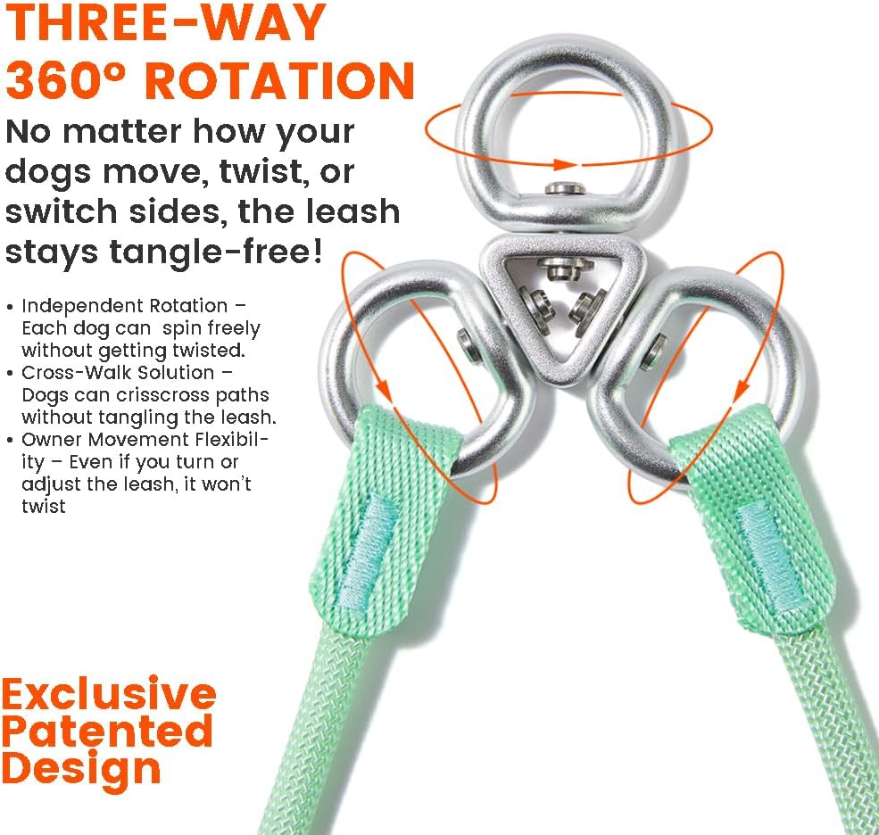 Howgo Double Slip Leash Slip Lead with Two Handles| Dual Dog Slip Lead for 2 Dogs,360° Swivel No Tangle | Dog Training Collar | Double Clip Leash Coupler and Splitter (Orange, 3FT)