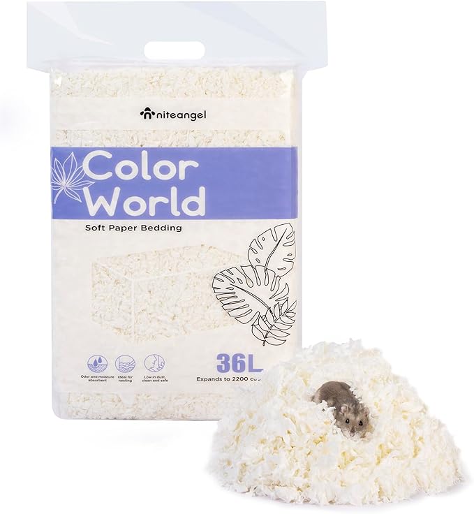 Niteangel Aspen Shaving Hamster Beddings for Syrian Dwarf Hamster Gerbil Mice Degu Rat Rabbit Bunny Guinea Pig Chinchilla Hedgehog or Other Small Pets (36L - White Paper Bedding)