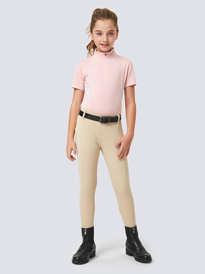 FitsT4 Sports Girls Riding Pants Full Seat Kids Equestrian Breeches Stretchy Youth Horse Schooling Tights Zipper Pockets