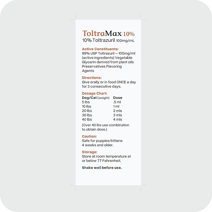 Toltrazuril 10.0% for Horses, Dogs, Cats, 120mL/4 Ounce, for Non-Food Chain Animals