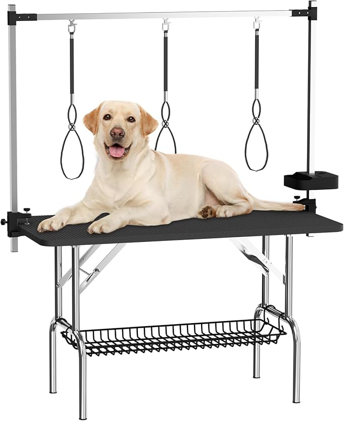 VFK 47'' Large Dog Grooming Table Stainless Steel Foldable Grooming Table for Dogs at Home Adjustable Height Arms Pet Station with Nooses, Mesh Tray, Tool Organizer
