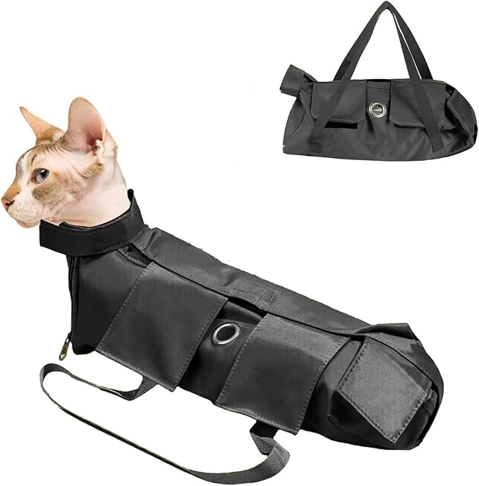 HDKUW Cat Grooming Bag,Foldable Travel Carrier for Cats,Anti-Bite Anti-Scratch Cat Grooming Restraint Bag,Pet Carrier for Administering Eye Drops,Ear Cleaner,Clipping Nails (Black, M)