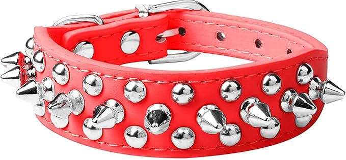 Spiked Dog Collar Soft Pu Leather Mushrooms Rivet Spike Studded Puppy Adjustable Pet Collars for Small Breeds (L, Red)
