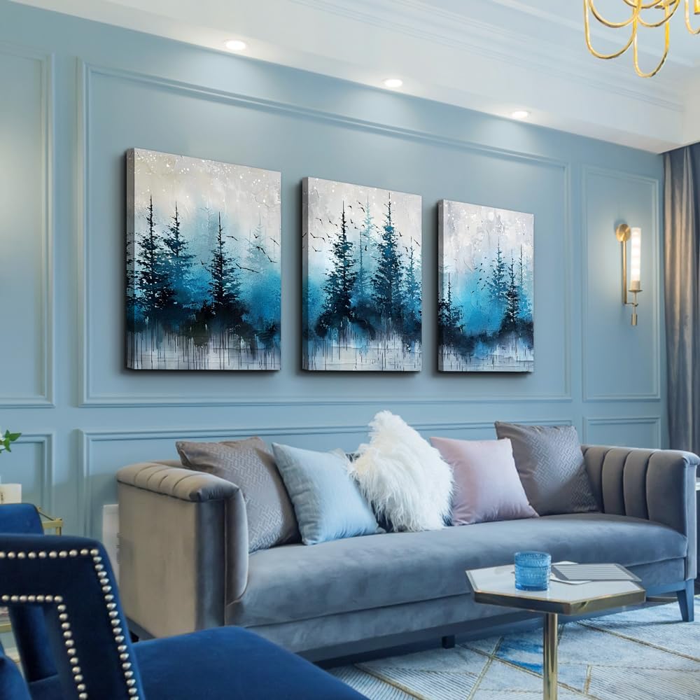 TTHYUEWS Boho Wall Art For Living Room Canvas Wall Decor For Bedroom Forest Landscape Wall Pictures Blue Tree Abstract Wall Paintings Artworks Ready To Hang Office Aesthetic Wall Decoration 3 Piece