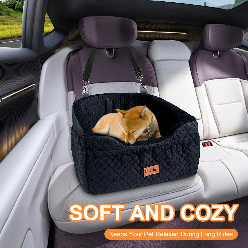 Vivifying Dog Car Seat for Small & Medium Dogs, Detachable & Washable Booster Seat for Pets Up to 30lbs, Travel Bed with Storage Pockets and Safety Belt – Black