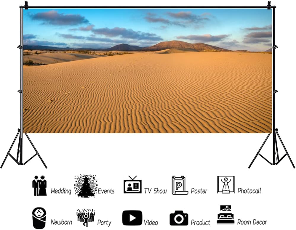 Renaiss 10x5ft Desert Photography Backdrop Golden Ripple Desert Mountain Sand Dunes Blue Sky Gobi Scenery Background Nature Landscape Backgrounds Wilderness Photo Video Shoot Studio Props