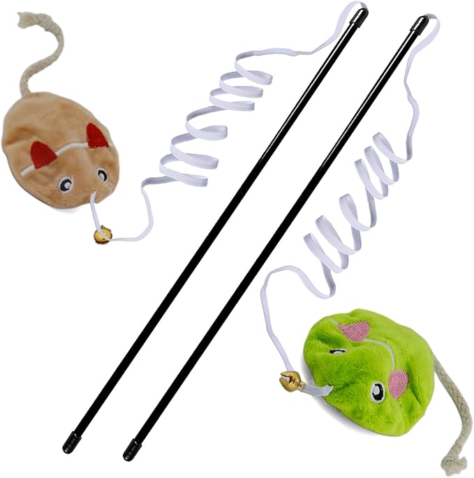 Interactive Cat Toy Wand with Catnip Mouse, Cat Teaser Wand Rainbow String for Bored Indoor Adult Cats and Kittens (2 Pack Mouse)