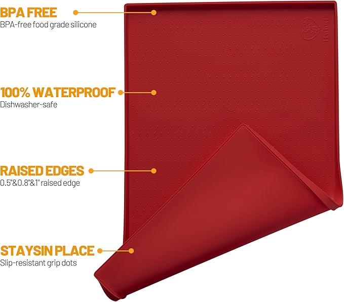 Hubulk Dog Feeding Mat,100% Waterproof BPA Free Silicone Pet Food and Water Bowl Placemat,Dishwasher, High Raised Edge to Prevent Spills,Nonslip Tray to Stop Messes on Floor (19"x12"x0.5", Red)