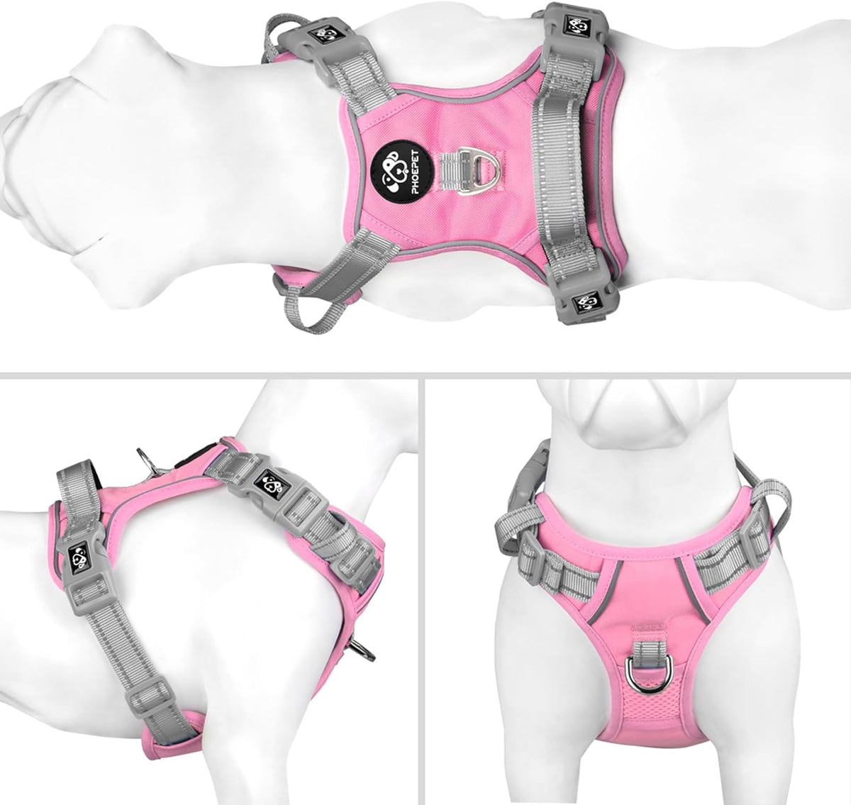 PHOEPET No Pull Dog Harness, Unique Colors Reflective Adjustable Dog Vest, with Soft Training Handle Metal Clips for Small Medium Large Dogs (Baby Pink Base & Grey Straps,L)
