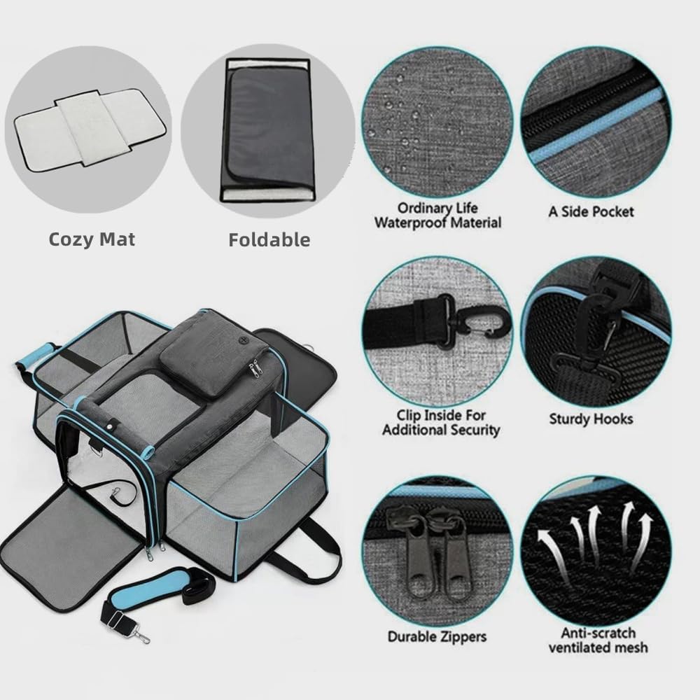Cat, Dog Carrier for Pets Up to 20 Lbs,Sides Expandable Pet Carrier Bag Large Mesh Safe,Airline Approved Animal Carrier,Soft Sided Collapsible Pet Travel Carrier,Foldable Portable Pet Home(Blue)