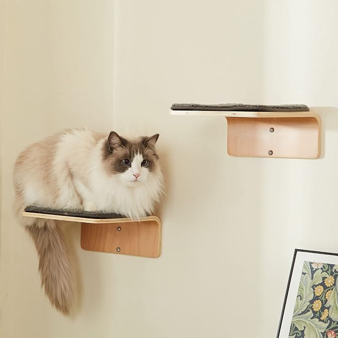 2 Set Cat Wall Steps - Wooden Cat Climbing Shelf for Wall - Cats Wall Stairs with Scratching Mat - Wall Mounted Cats Furniture for Jumping, Playing, and Lounging