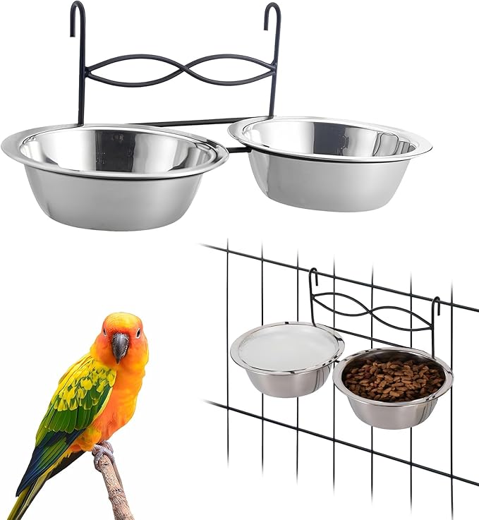 kathson Hanging Bird Bowls for Cage, 2 PCS Stainless Steel Metal Pet Food Water Dishes with Holder Feeder Cage Coop Hook Feeder Cups for Birds, Parrots, Small Sized Dogs and Cats (4.3 Inch Dia)