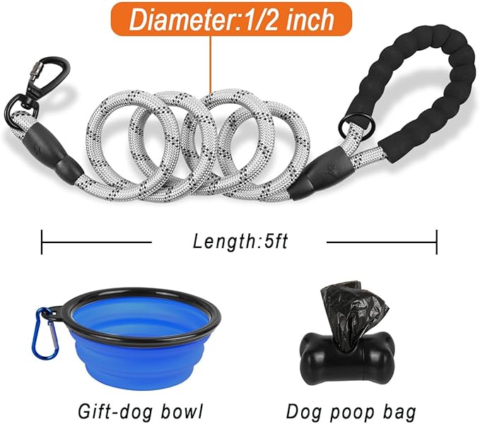 BARKBAY Dog Leashes for Large Dogs Heavy Duty Dog Leash 4/5/6 FT with Comfortable Padded Handle and Highly Reflective Threads for Medium Large Dogs Walking Training Running (5FT-1/2'',Gray)