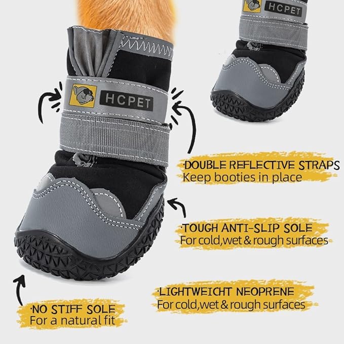 Hcpet Dog Shoes for Large Dogs, Waterproof Dog Booties for Small Medium Dogs, Anti-Slip Dog Boots & Paw Protectors for Hot Pavement Winter Snow Hiking with Reflective Straps Black Size 7
