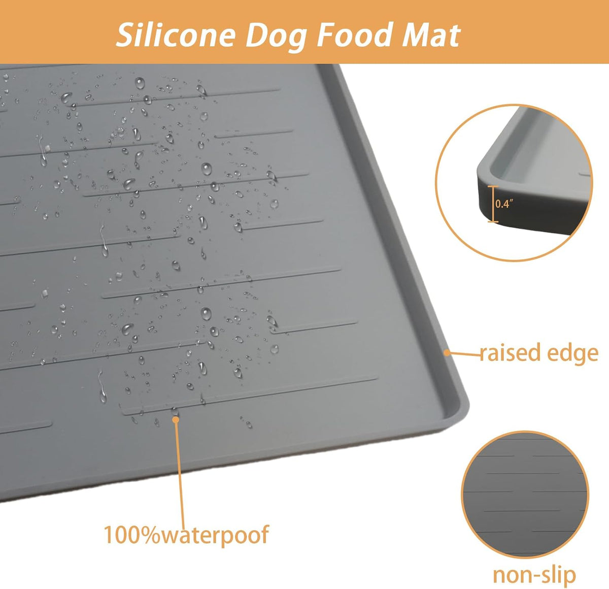 18" x 12" Dog Food Mat, Silicone Pet Mats for Food and Water, Nonslip Pet Feeding Mats for Floors, Dog Cat Bowl Mat with Raised Edges, Light Gray