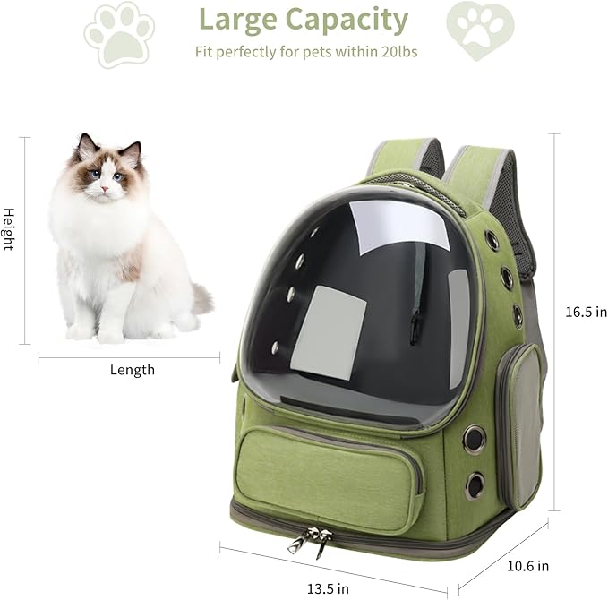 Cat Backpack Carrier for Cats and Small Dogs, Breathable Cat Bubble Backpack, Airline Approved Pet Travel Carrier for Hiking Camping Outdoor(Green)