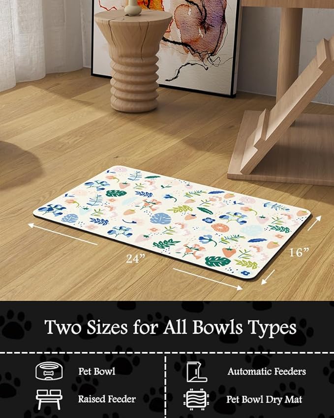 Pet Feeding Mat-Absorbent Dog Mat for Food and Water Bowl-No Stains Quick Dry Water Dispenser Mat-Dog Accessories Pet Supplies-Bowl for Messy Drinkers（LIGHTFLOWERS,16"x24"