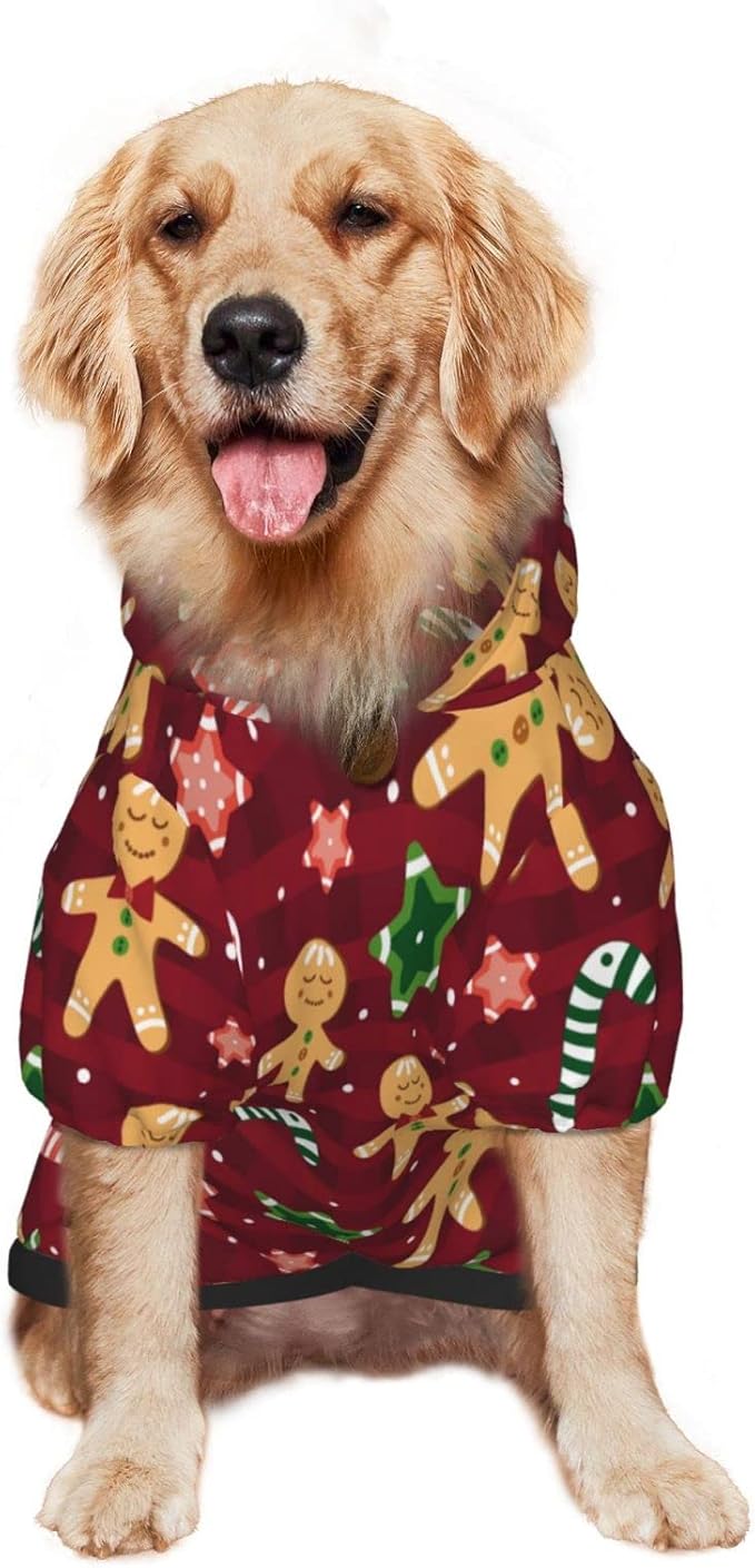 Christmas with Gingerbread Men, Candies Hoodie,Christmas Cosplay Dog Clothes with Pocket and Hat Winter Clothes Sweaters XXX-Large