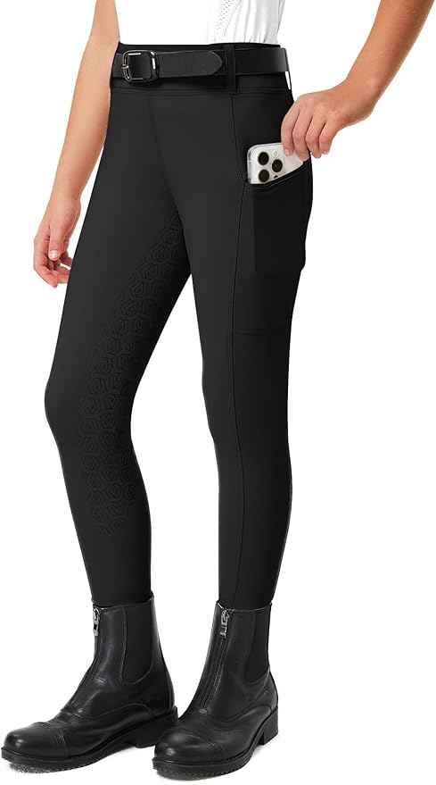 FitsT4 Sports Girls Riding Pants Full Seat Kids Equestrian Breeches Stretchy Youth Horse Schooling Tights Zipper Pockets
