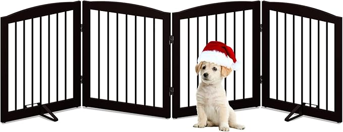 Freestanding Pet Gate for Dogs, Foldable Wooden Dog Gate for House, Indoor Dog Gate for Stair, Doorway, Gates for Dogs Indoor, 80 Inch Wide, 4 Panels 24",Brown