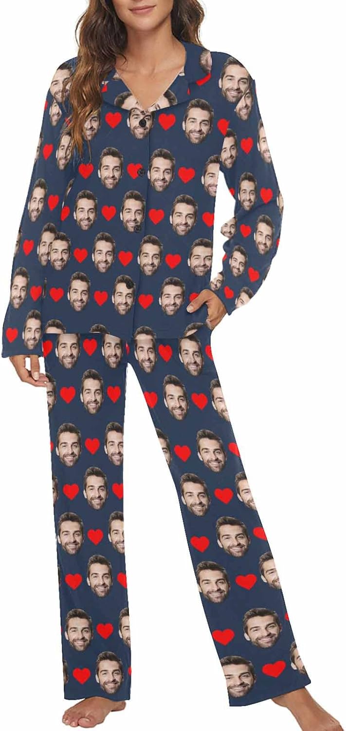 MyPupSocks Custom Face Pajamas for Women Set, Personalized Photo Long Sleepwear XS-XXL