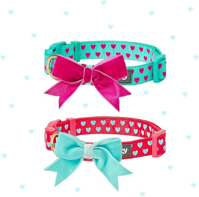 Blueberry Pet Adjustable Flocking Dog Collar for Large Dogs, Pink Girl Dog Collars with Detachable Velvety Bowtie, Heart in Lust Red, Spring Dog Collar for 18-26 Inch Neck
