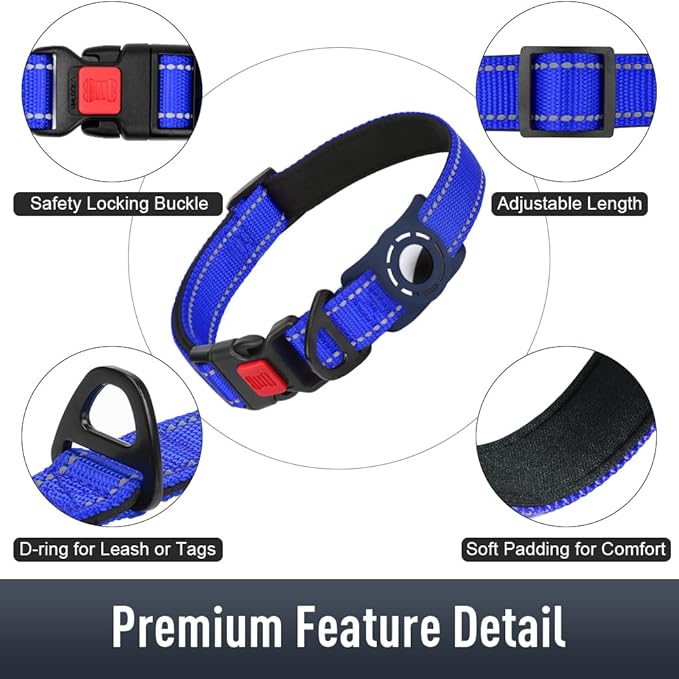 Airtag Dog Collar with AirTag Holder for Large Dogs, Reflective, Soft Padded & Safety Locking Buckle, Nylon Pet Collars Adjustable for All Breeds, NavyBlue,XL