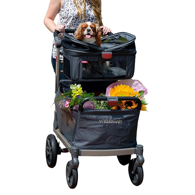 Pet Foldable Cart - Luxury Cat & Dog Stroller with Extra Large Shopping Basket, Cup Holders, & Ventilated Canopy - Easy Fold Pet Stroller for Cats & Dogs
