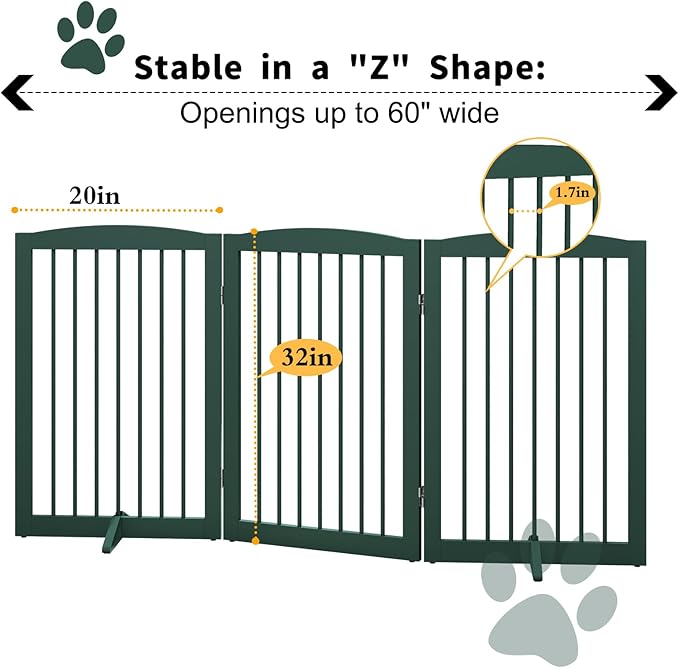 Freestanding Pet Gate for Dogs, Foldable Wooden Dog Gate for House Indoor, Step Over Pet Puppy Safety Fence for Stair, Doorway,Hall, Support Feet Included,3 Panels 32",Green